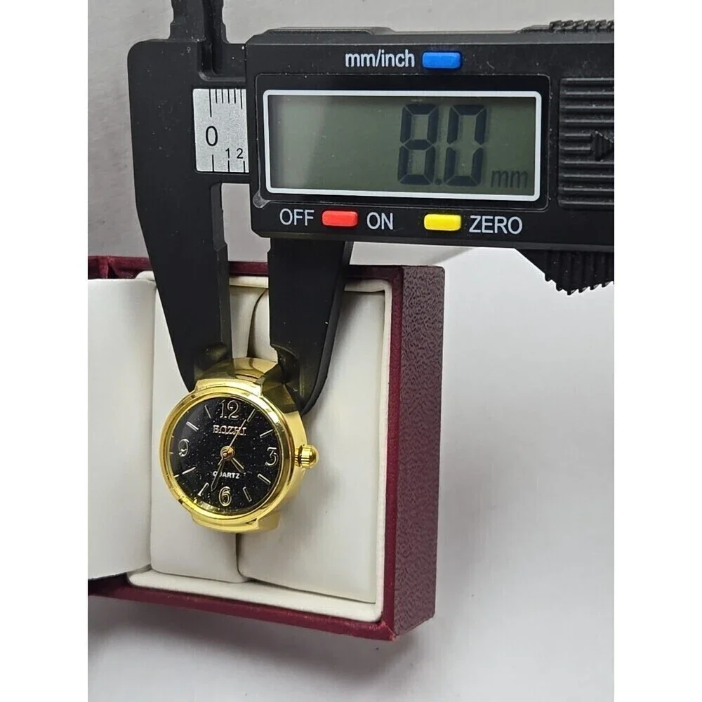 Bozhi Gold Tone Quartz Ring Watch Black Dial New Battery Retro Stretch Accessory